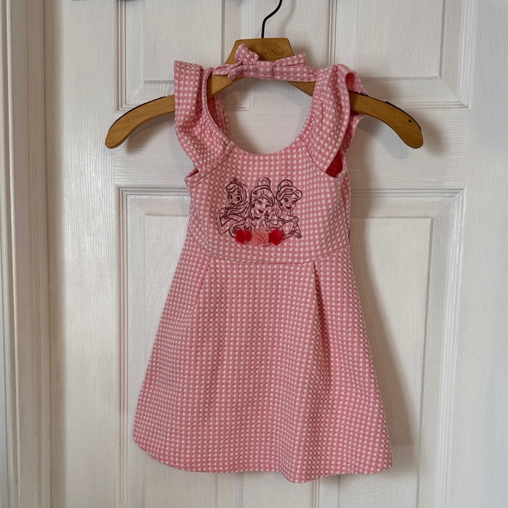 Disney Pink Checkered Kids Dress with Floral Embroidery